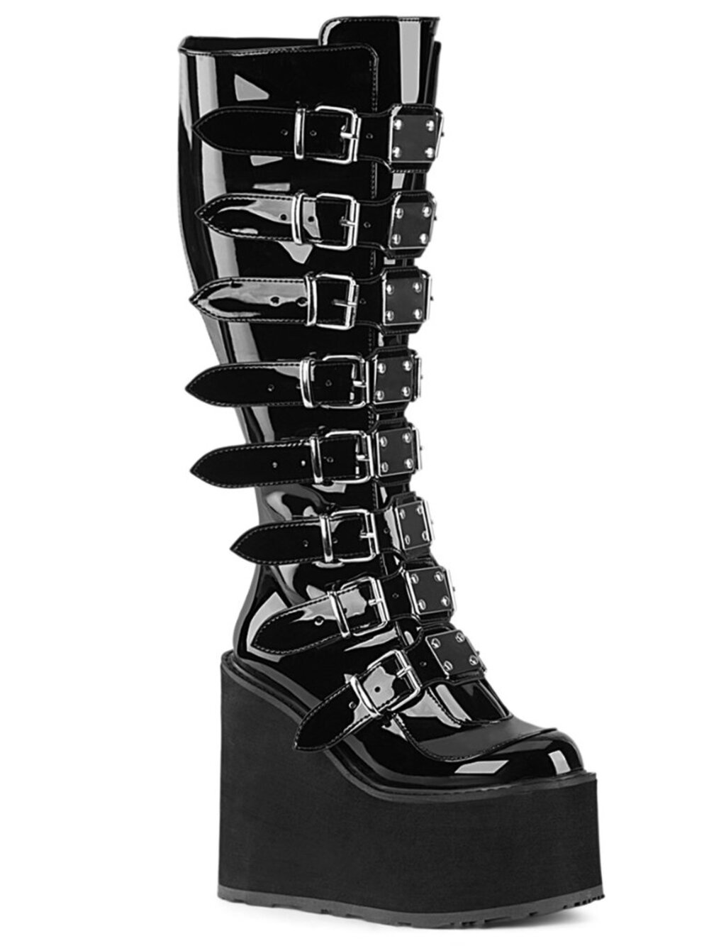 Goth Wide Calf Platform Boots - 5.5" Wedge Knee High Buckle Boots